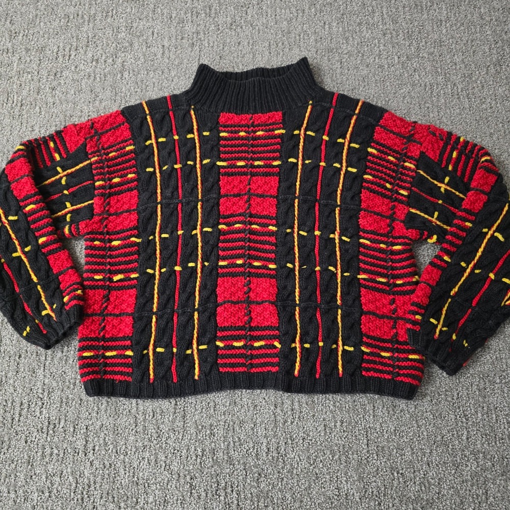 Michael Simon Knitted by Hand Sweater Black Red Wearable Art Vintage Ramie